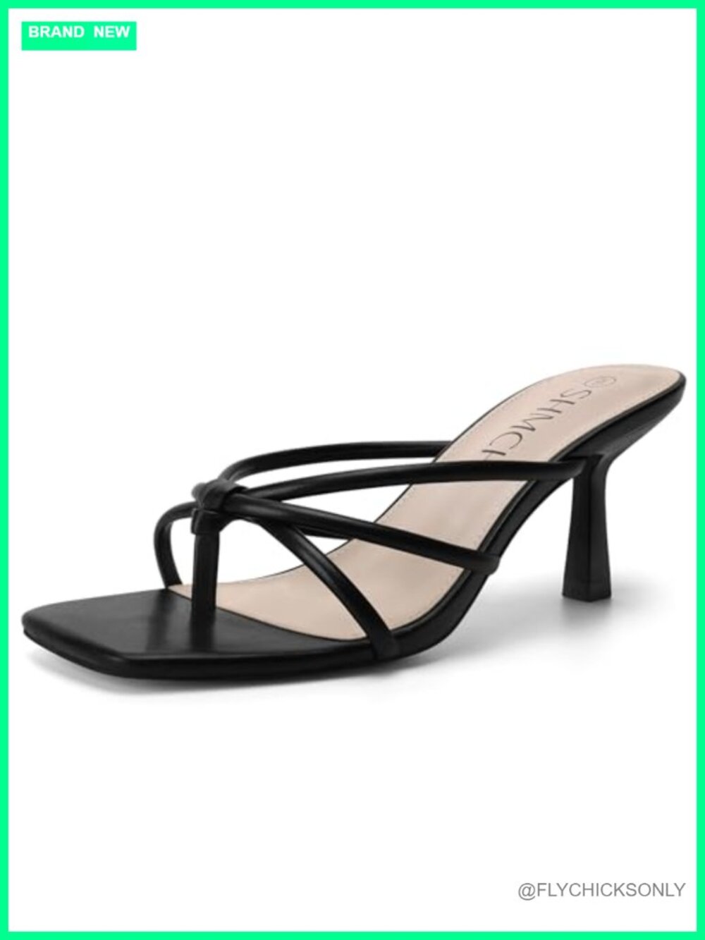 Women's Kitten Heel Sandals Square Toe Strappy Thong Heels Slip On Mule